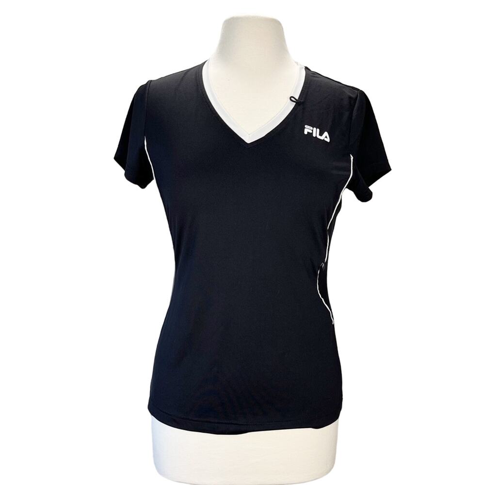 FILA |‎ Black Short Sleeve V-Neckline White Piping Activewear Mesh Inserts Top